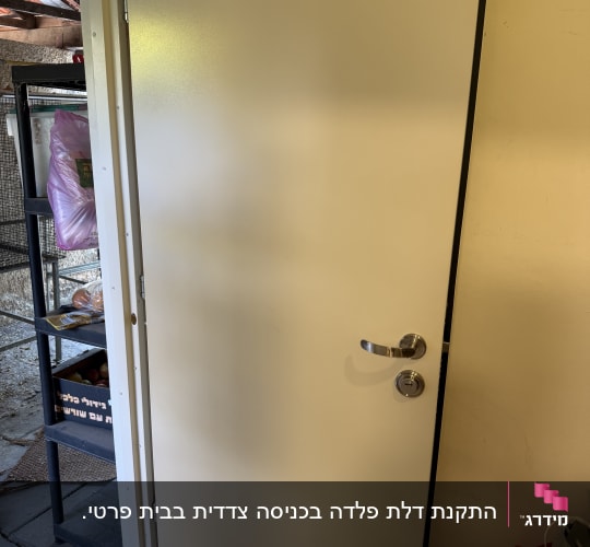 דלת פנים לבנה חלקה עם ידית וצילינדר מותקנת במשקוף